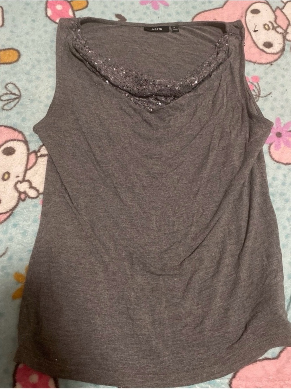 Charcoal Gray Sleeveless Scoop Neck Tank with Sequin Trim